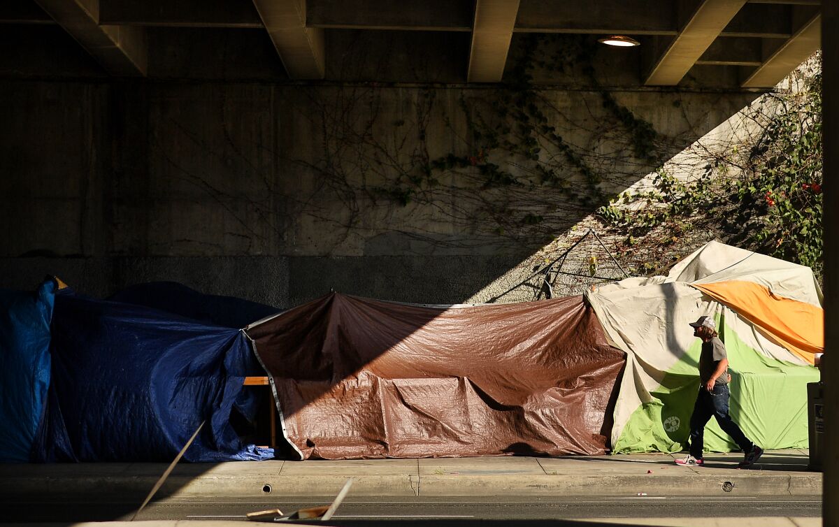 A man walks by a homeless encampment on Venice Boulevard under the 405 Freeway in Los Angeles on Tuesday.