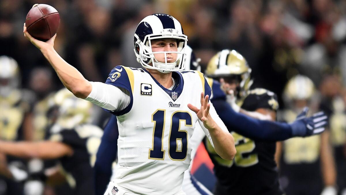 Rams quarterback Jared Goff passes against the New Orleans Saints in Sunday's NFC championship game.