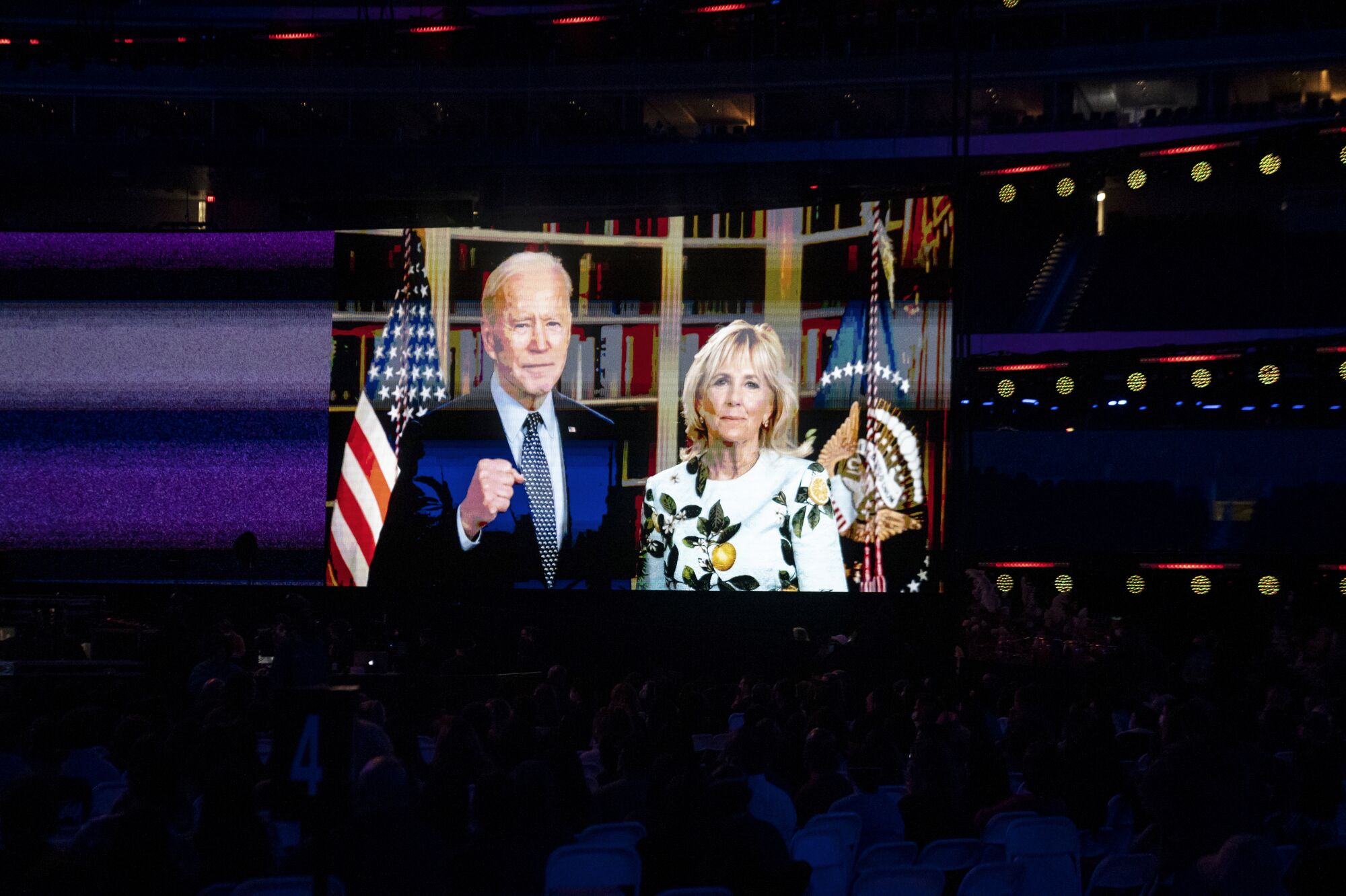 President Biden and First Lady Jill Biden appear on-screen during the Vax Live concert 