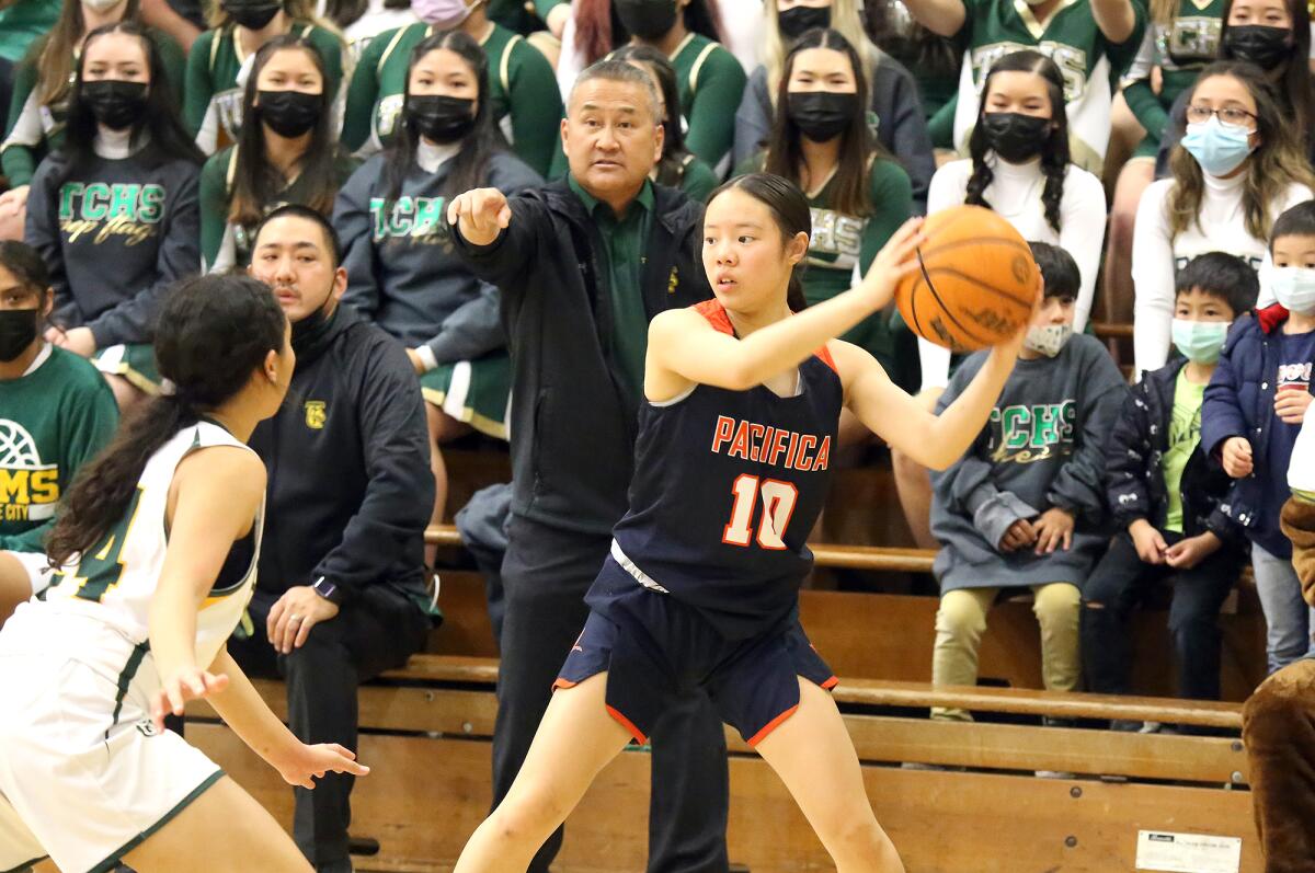 Pacifica Christian's Lauryn Ham (10), seen against Temple City on Feb. 26, had a team-leading 24 points for the Tritons.