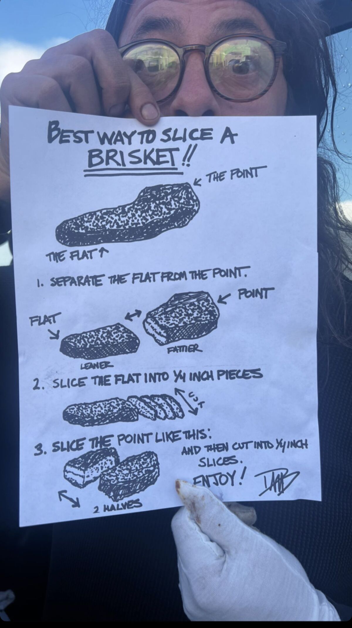 A man shows us his instructions for brisket. 