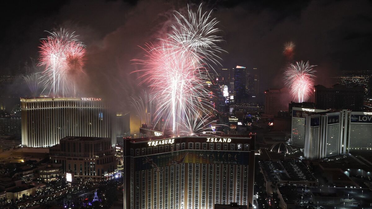Fireworks explode over the Las Vegas Strip during a New Year's Eve celebration in 2017.