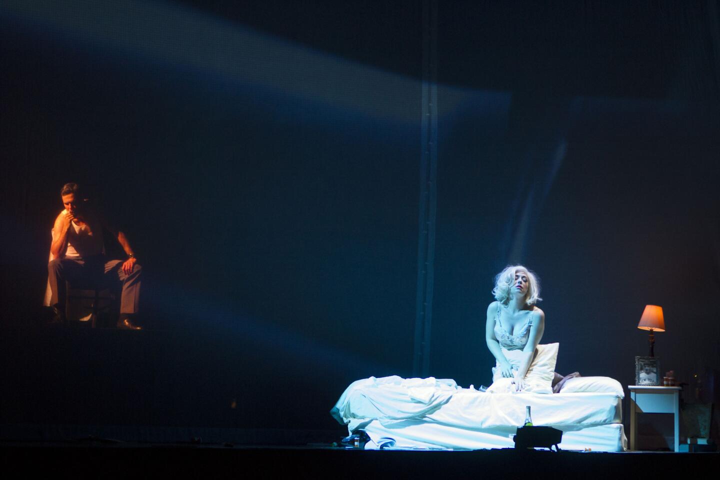 Cast members Lee Gregory, left, and Danielle Marcelle Bond rehearse "Marilyn Forever" at Warner Grand Theatre in San Pedro.