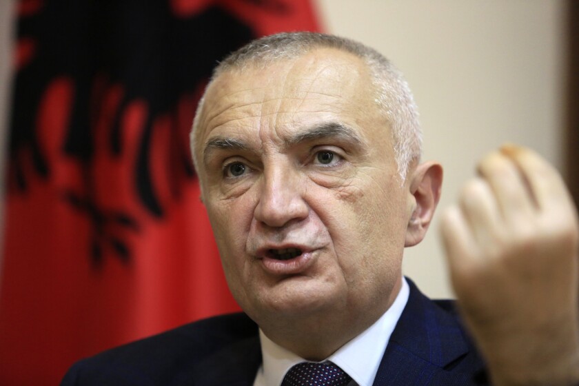 FILE - Albanian President Ilir Meta speaks during an interview with the Associated Press in Tirana, Albania, on April 21, 2021. Albania’s Constitutional Court met Tuesday to pass judgment on Parliament’s impeachment of President Ilir Meta for violating the constitution and its decision to discharge him from the post. The Court’s verdict is the last step in the process whether the president will stay or continue until his term ends in July. (AP Photo/Hektor Pustina, File)
