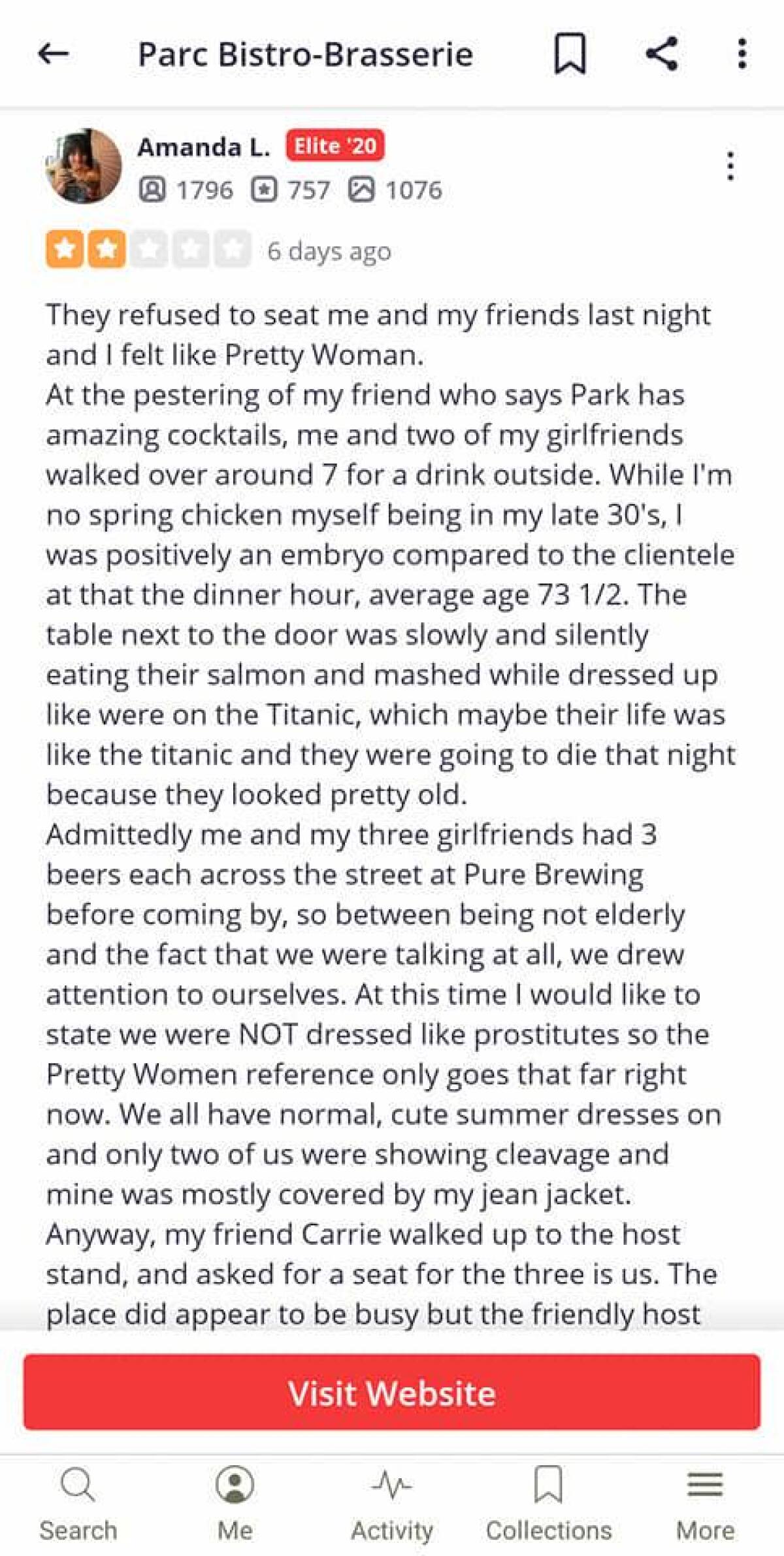 The first part of a negative Yelp review of Parc Bistro-Brasserie in Bankers Hill 