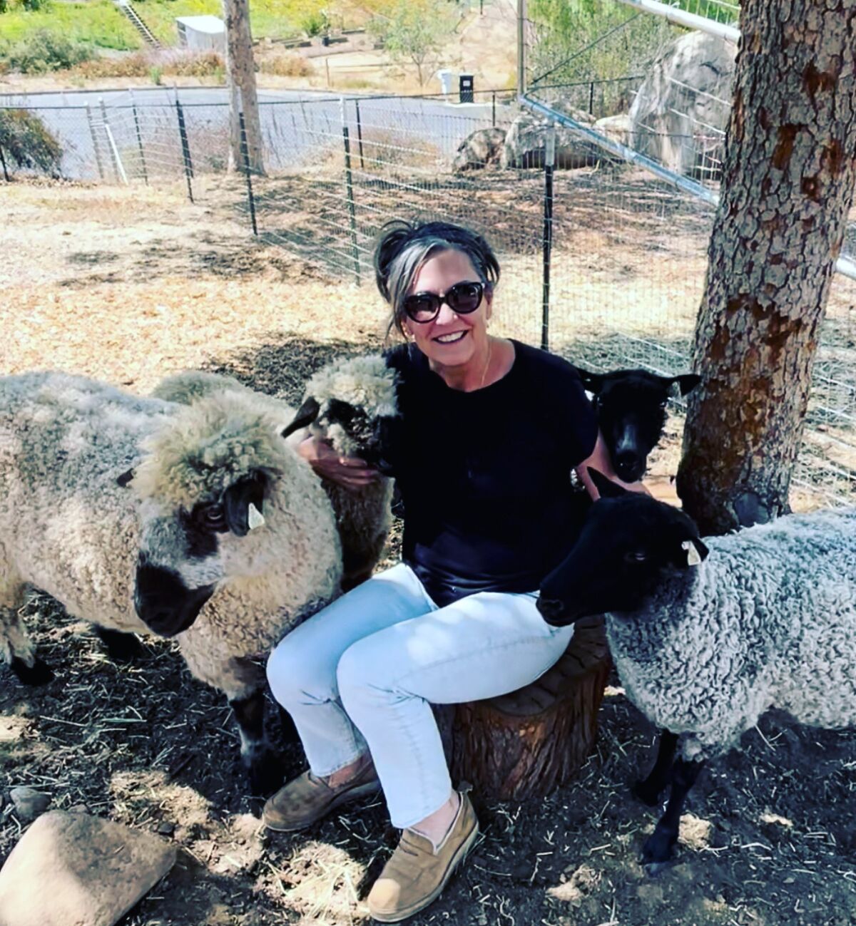 Debora Huff poses with some of her long lock sheep.