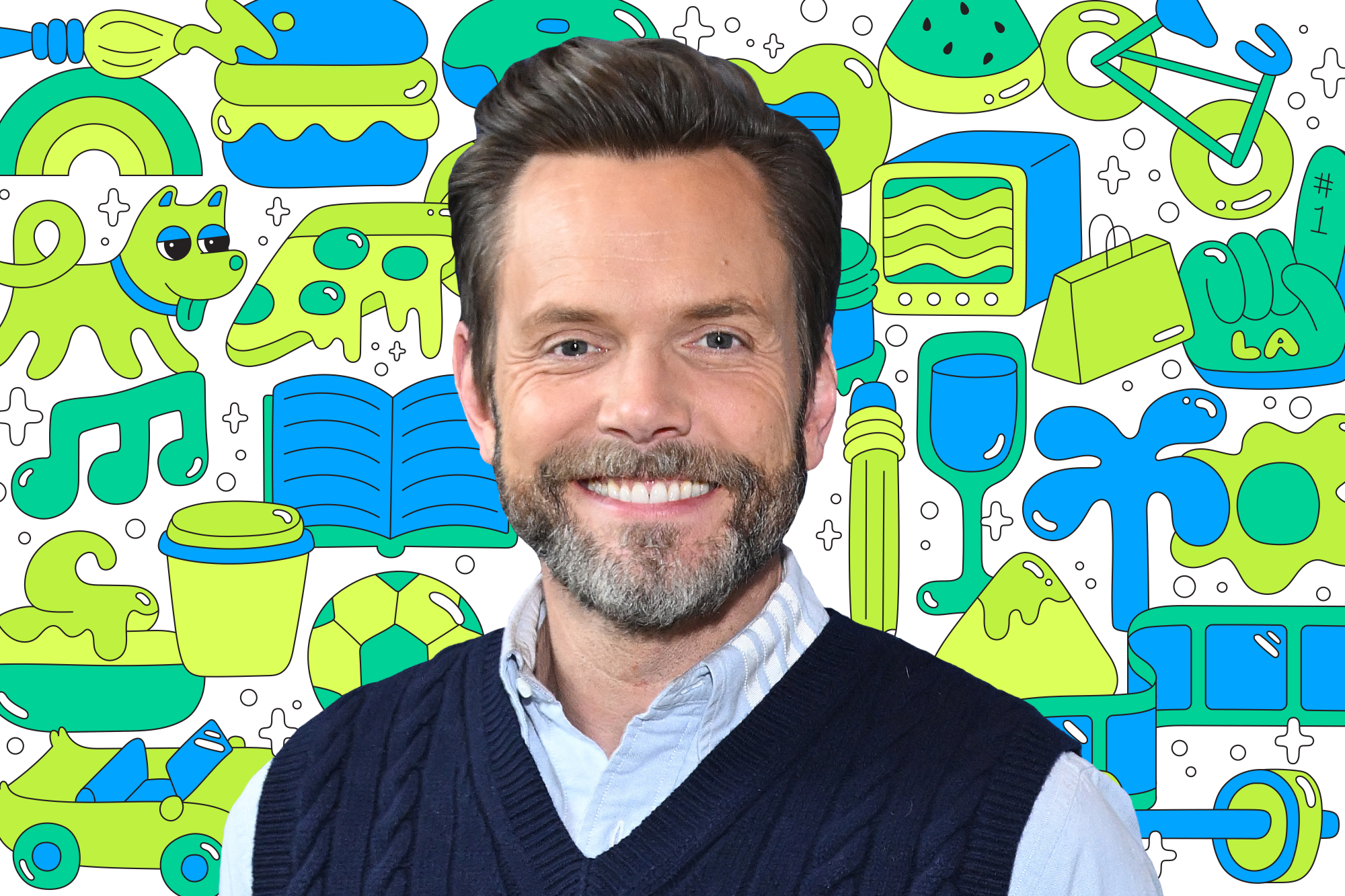 Photo of actor Joel McHale on a background of colorful illustrations like a book, dog, pizza, TV, shopping bag and more.