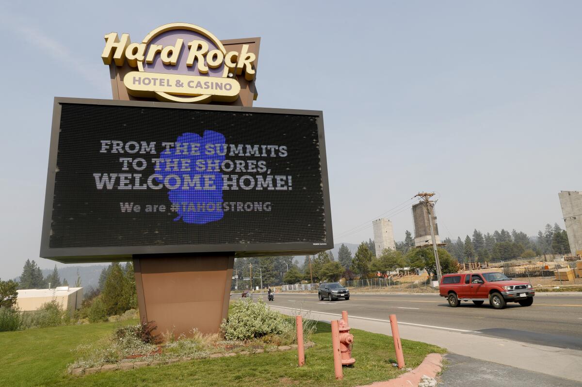 A welcome home sign is seen at the Hard Rock Hotel & Casino Highway 50 near Stateline, Nev., on Monday, Sept. 6, 2021. The hotel is being used by firefighters and other first responders working the Caldor Fire. (Jane Tyska/Bay Area News Group via AP)