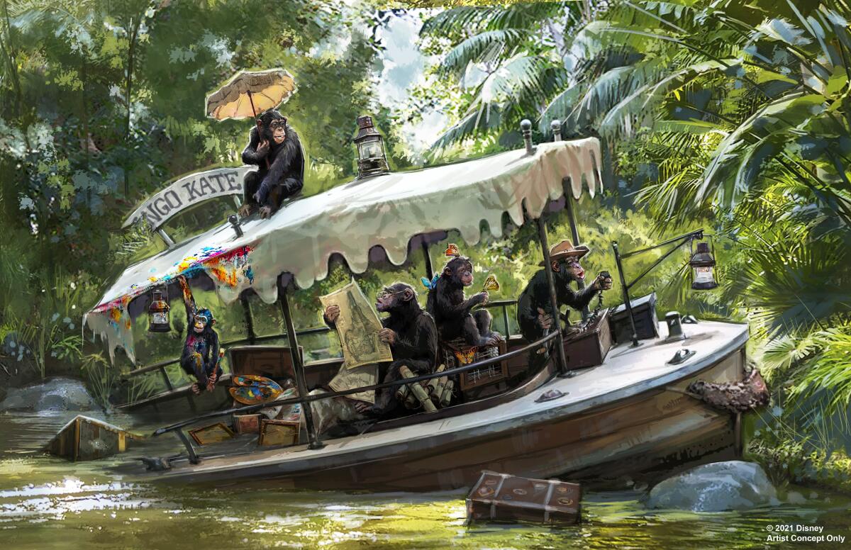 Concept art for updates coming to the Jungle Cruise attraction at Disneyland and Florida's Walt Disney World.