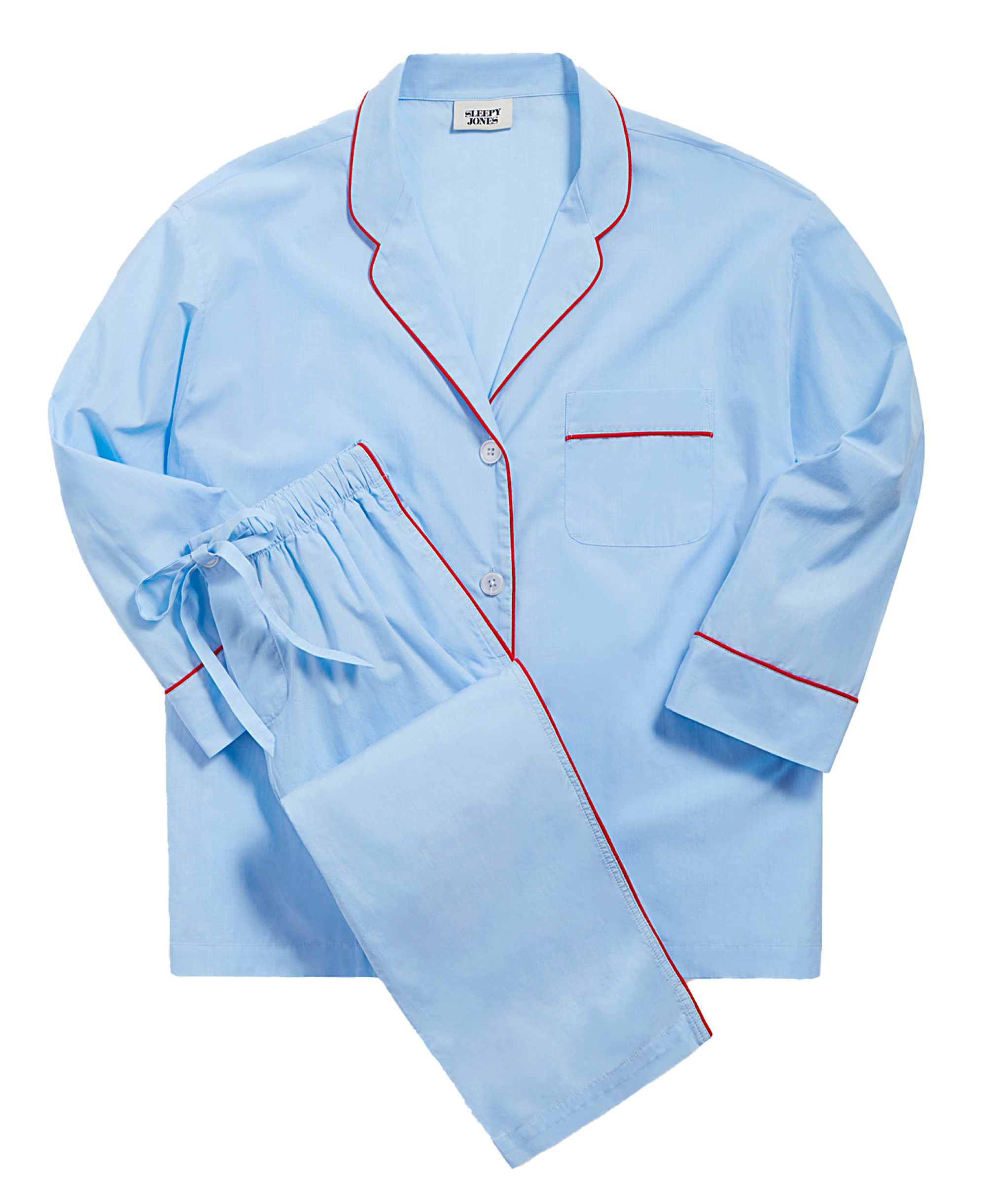 A blue pajama set with red piping from Brooklinen