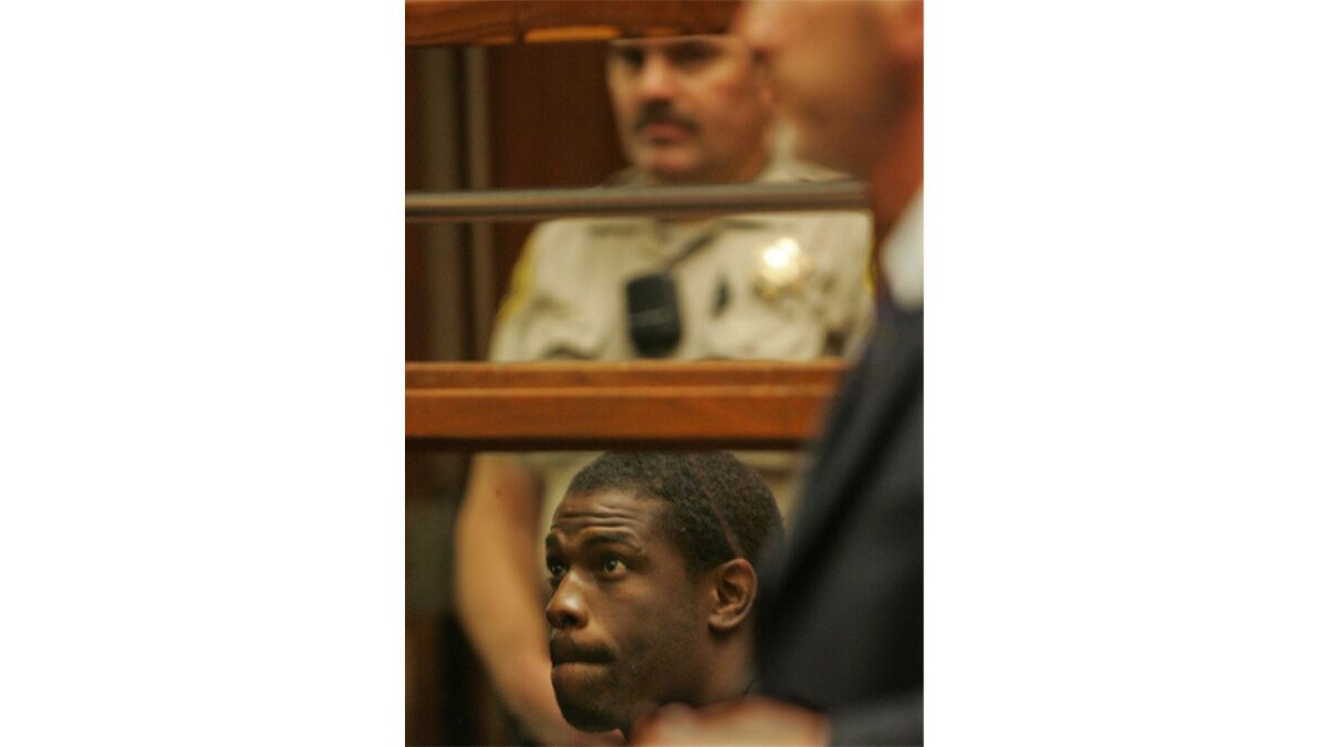 Former NFL running back Lawrence Phillips in court in Los Angeles in 2005. Phillips died Wednesday after a suspected suicide attempt in his prison cell in Kern County.