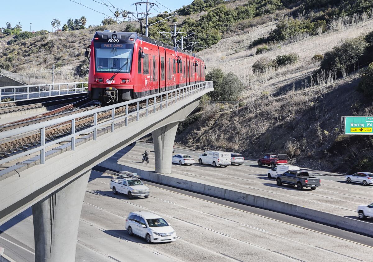 A San Diego Metropolitan Transit System trolley rides along the tracks as cars move along Interstate 8.