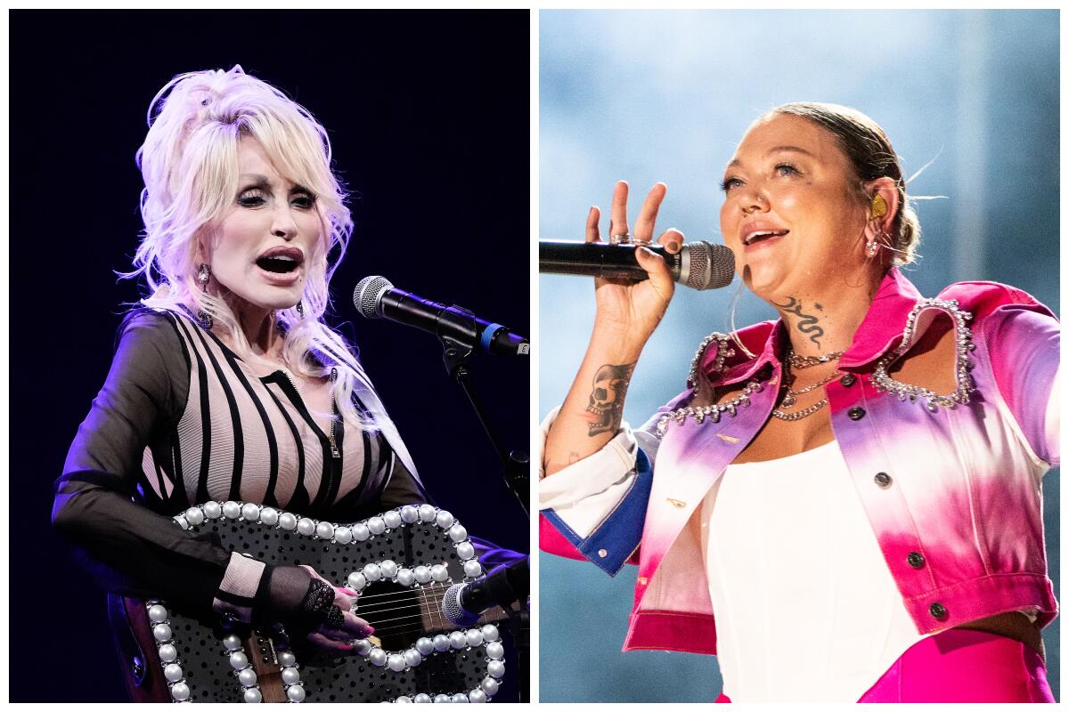 Separate photos show country music's Dolly Parton playing guitar and singing and Elle King singing into a mic onstage