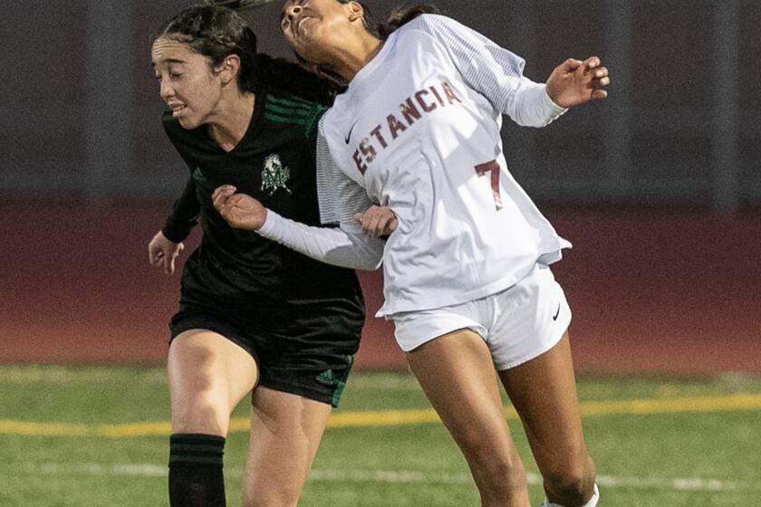 Costa Mesa, CA - January 17: Costa Mesa's Alexys Lopez, left, goes up for a header against Estancia's Ana Pacheco during a nonleague match on Tuesday, Jan. 17, 2023 in Costa Mesa, CA. (Scott Smeltzer / Daily Pilot)