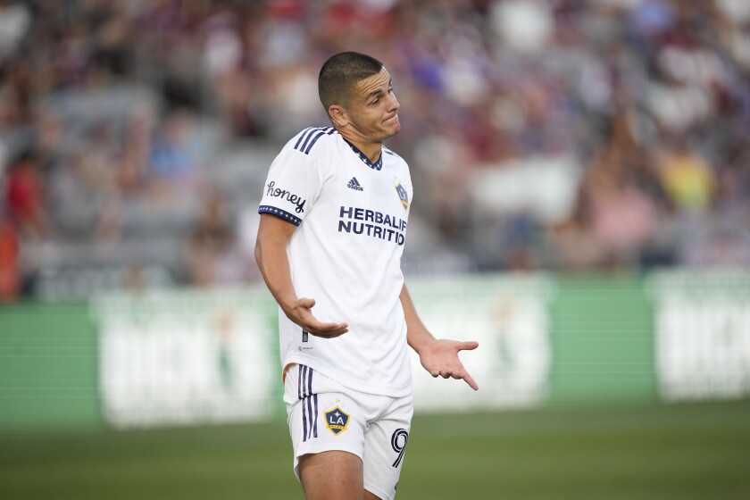 Galaxy forward Dejan Joveljic shrugs during a loss to Colorado on July 16.