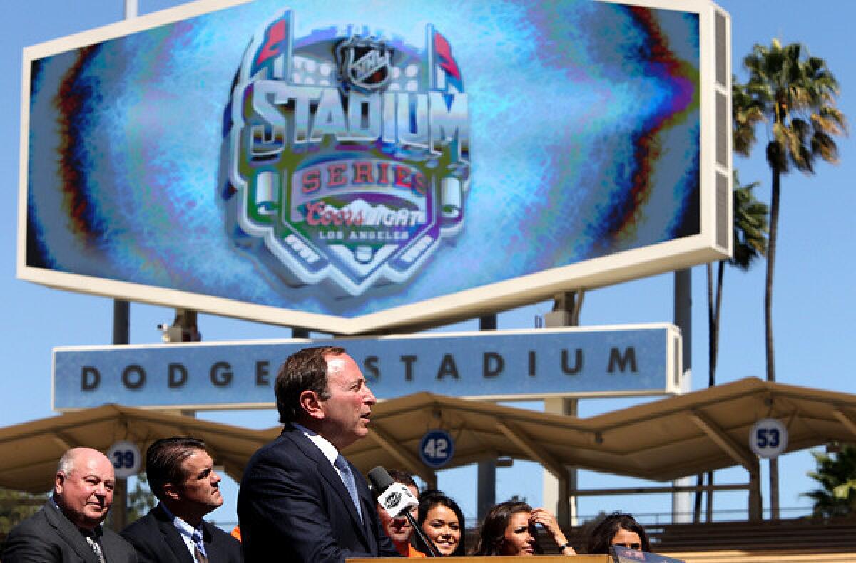 NHL Commissioner Gary Bettman speaks during a news conference at Dodger Stadium to announce the Kings-Ducks Stadium Series game.