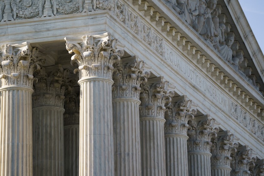 A close-up of the columns on the Supreme Court building.