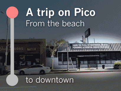 Gif shows the expense of Pico Boulevard passing by as the words 'Take a trip from the beach to downtown' appear.