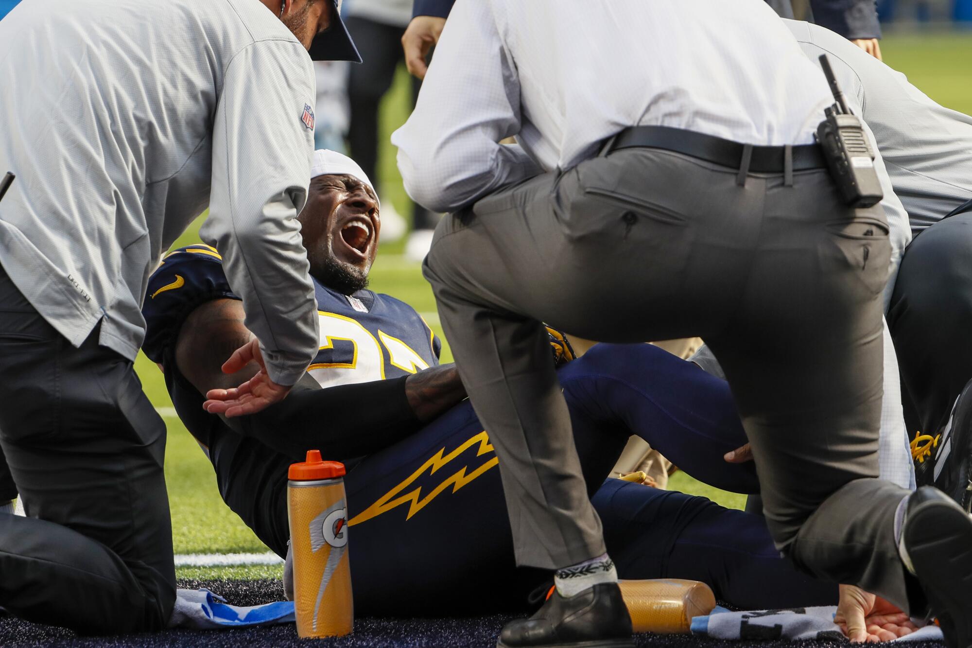 Chargers cornerback J.C. Jackson screams out in pain after sustaining an injury in the second quarter.