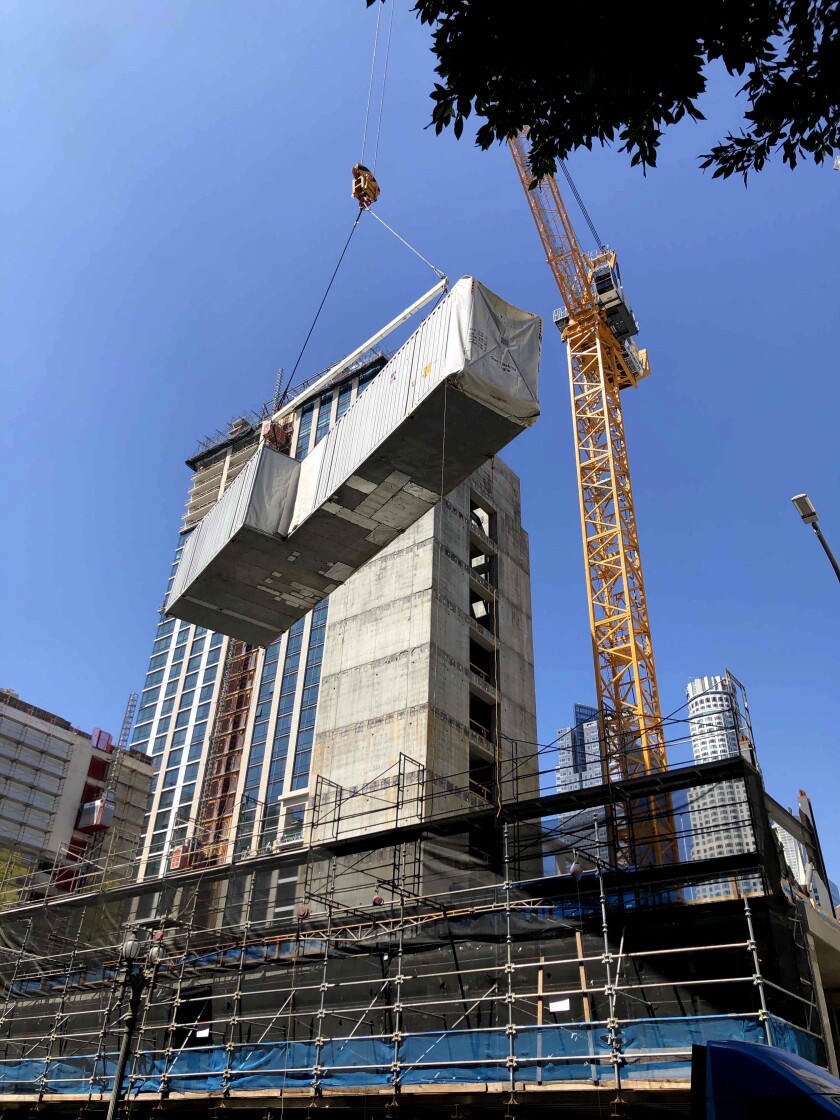 The CitizenM hotel under construction at 361 S. Spring St. in downtown Los Angeles.