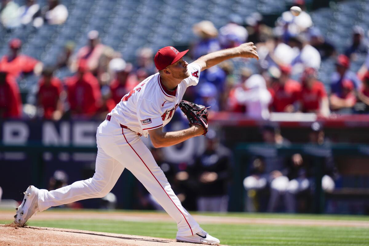 Angels starting pitcher Reid Detmers delivers during the first inning against the Minnesota Twins on Sunday.