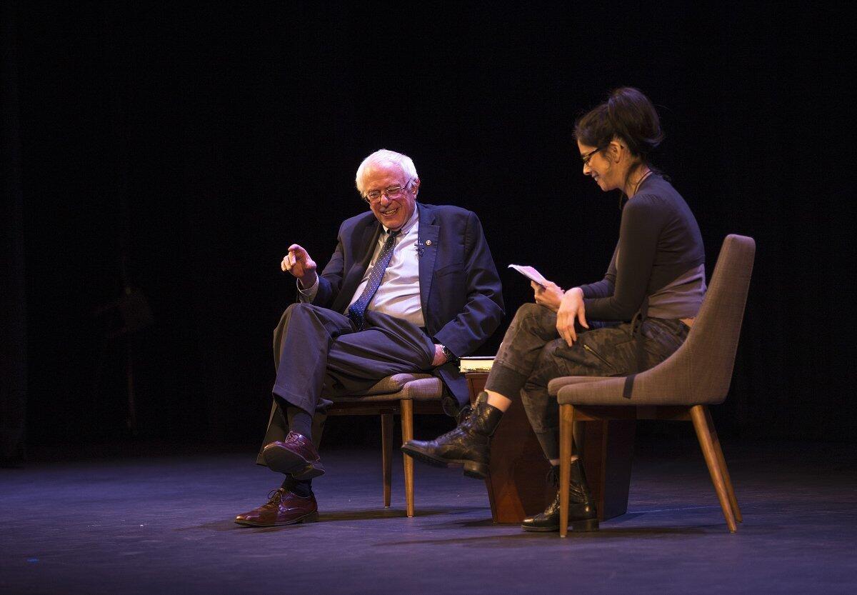 Vermont Sen. Bernie Sanders discusses the recent presidential election with comedian Sarah Silverman to a sold-out crowd at the Alex Theatre in Glendale Tuesday.