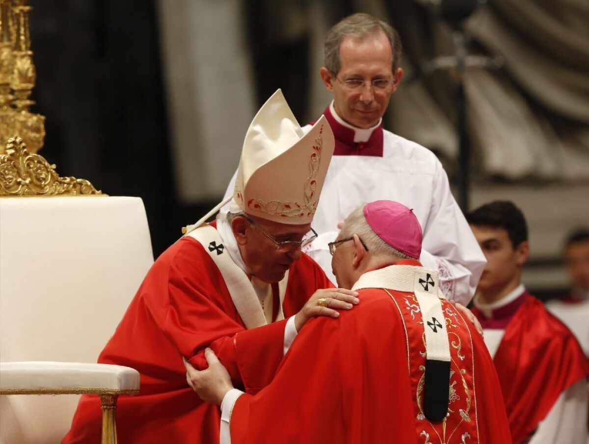 The same outfit: Pope Francis bestows a pallium on Archbishop Leonard Blair of Hartford, Conn., on June 29.