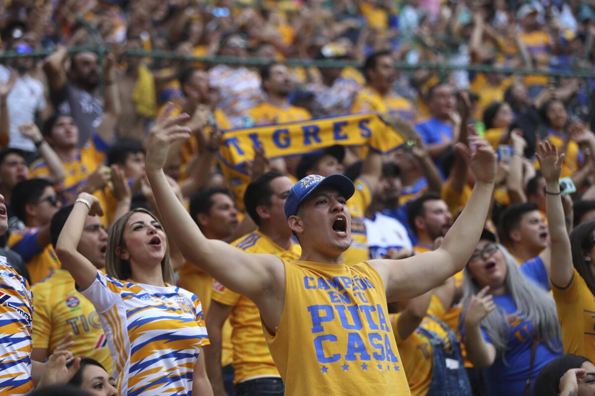 Fans of Tigres cheer for their team before the final Mexico soccer league championship match against Leon in Leon, Mexico, Sunday, Nov. 26, 2019. (AP Photo/Refugio Ruiz)