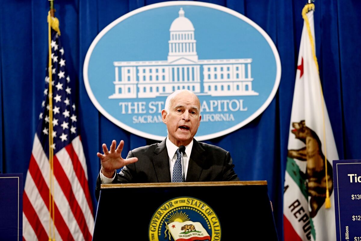 Gov. Jerry Brown releases his proposed budget for 2017-18 at the state Capitol in Sacramento on Tuesday.