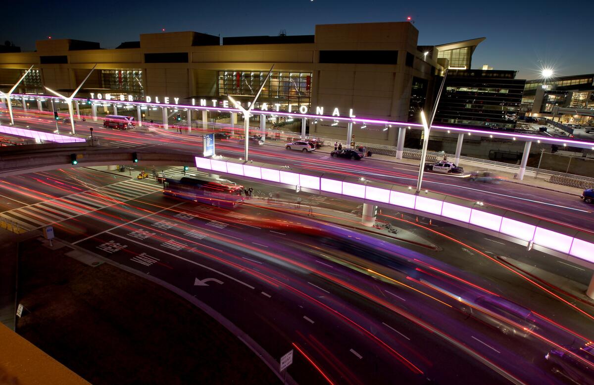 Traffic flows through the central terminal at Los Angeles International Airport, where Lyft drivrs will be allowed to pick up passenger starting at 8 a.m. Wednesday.