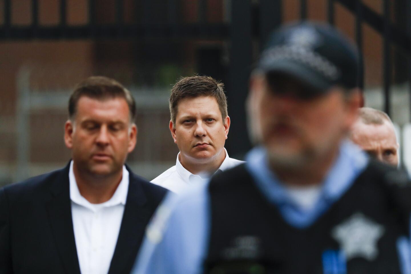 Chicago police Officer Jason Van Dyke leaves Cook County Jail on Sept. 6, 2018, after a brief detention for violating a gag order in his murder case.