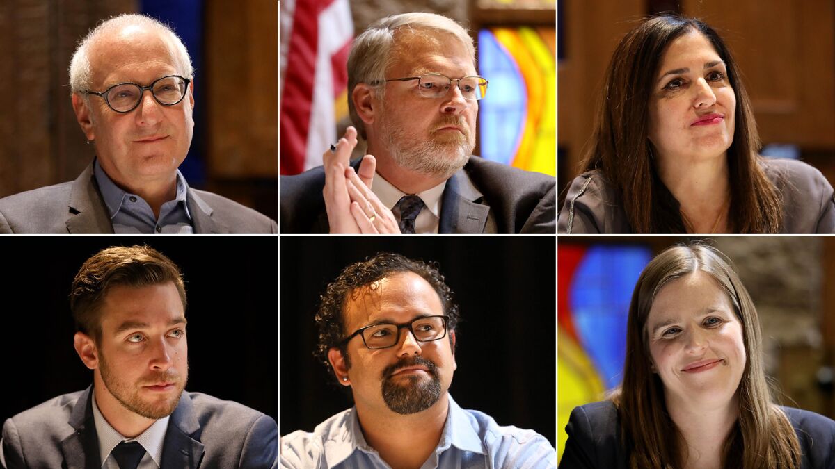 Los Angeles City Council District 12 candidates include, clockwise from top left; Jeff Daar; Frank Ferry; Stella Maloyan; Loraine Lundquist; Carlos Amador and Josh Yeager.