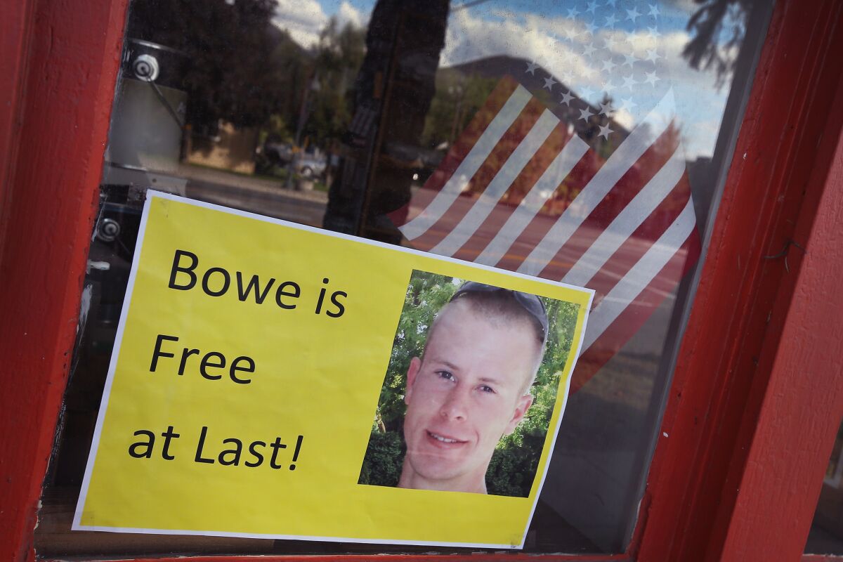 A sign announcing the release of Sgt. Bowe Bergdahl sits in the window of the Hailey Paint and Supply store on Main Street in Hailey, Idaho.
