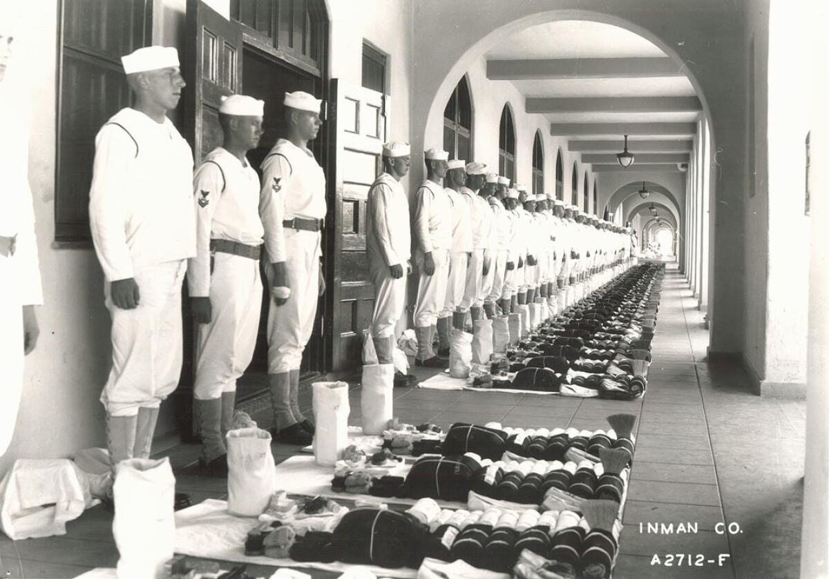 Recruits line up in front of one of the barracks at what was then the Naval Training Center in Point Loma.