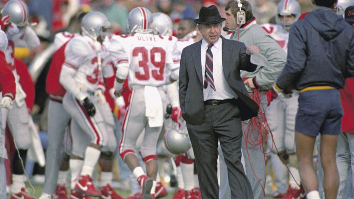 Ohio State coach Earle Bruce on the sideline during his last game, a 23-20 win over archrival Michigan, in 1987