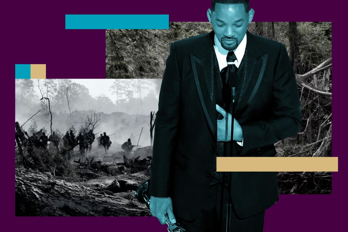 Photo collage of Will Smith and cinematic screenshots of the Civil War surrounded by colored rectangles.