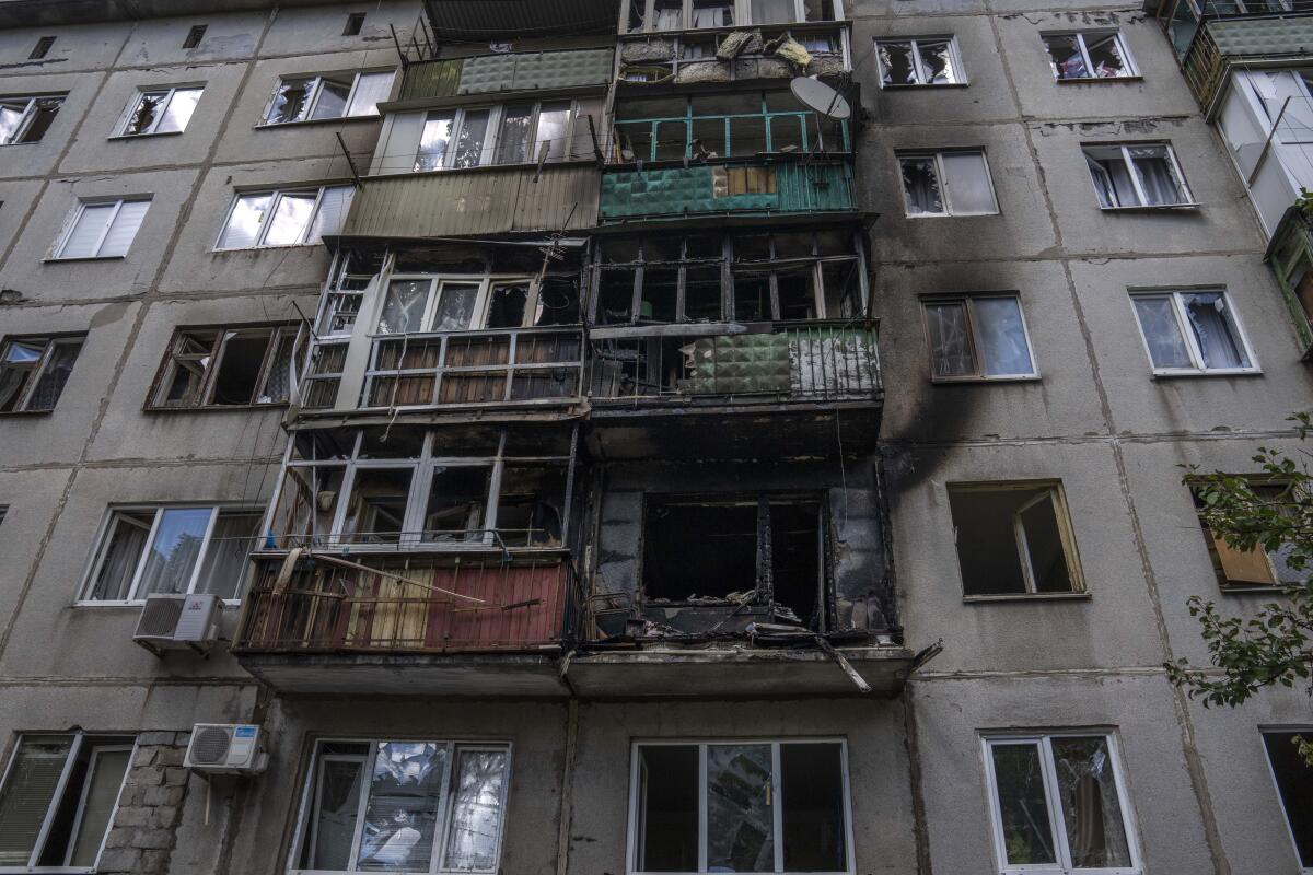 A five-story residential building damaged from a rocket attack on a residential area, in Kramatorsk, eastern Ukraine.