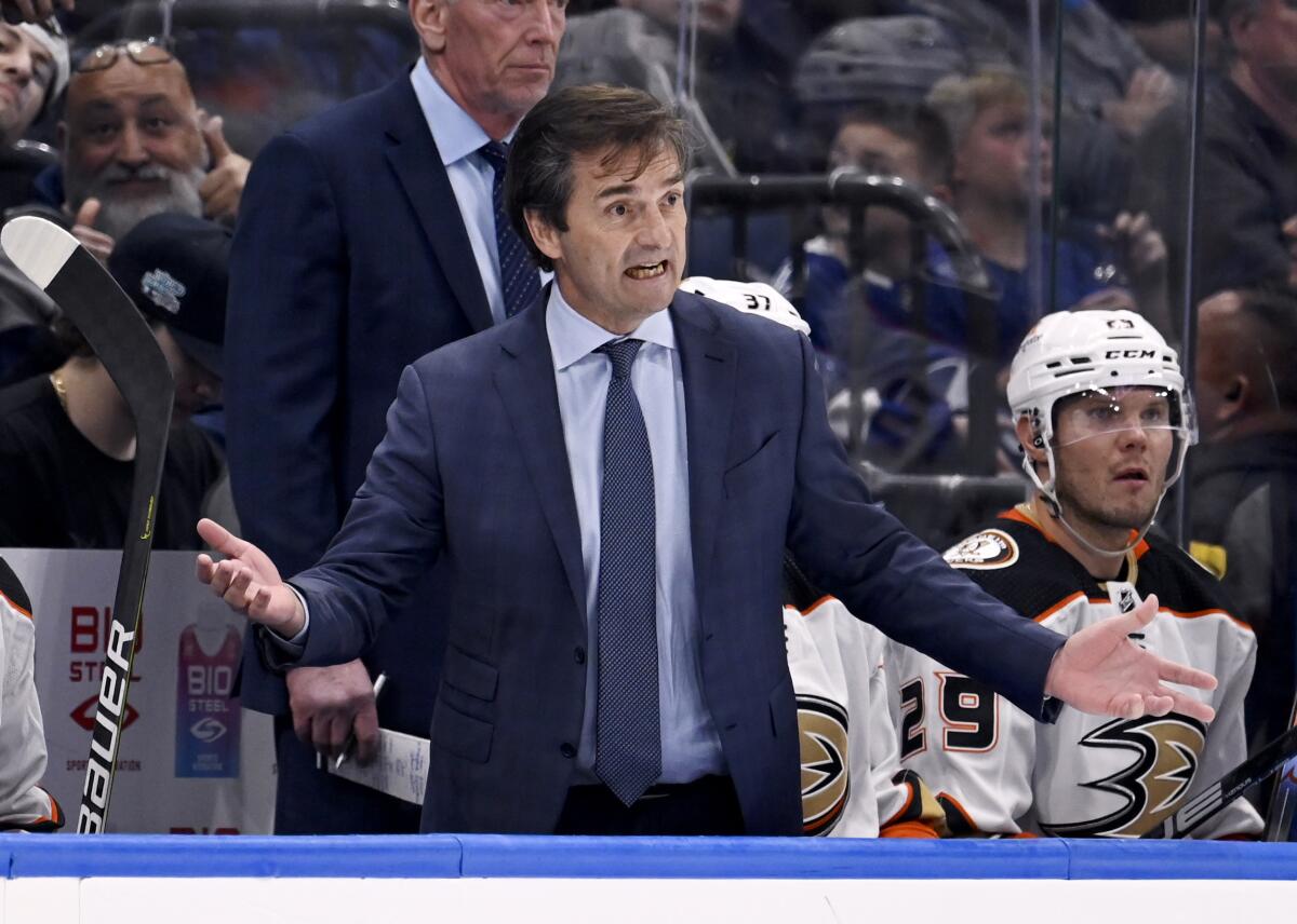 Anaheim Ducks coach Dallas Eakins reacts to a call.