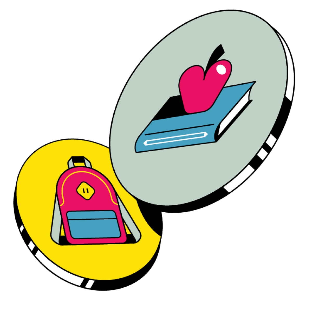 Ilustración de una mochila y una manzana sobre un libro escolar.