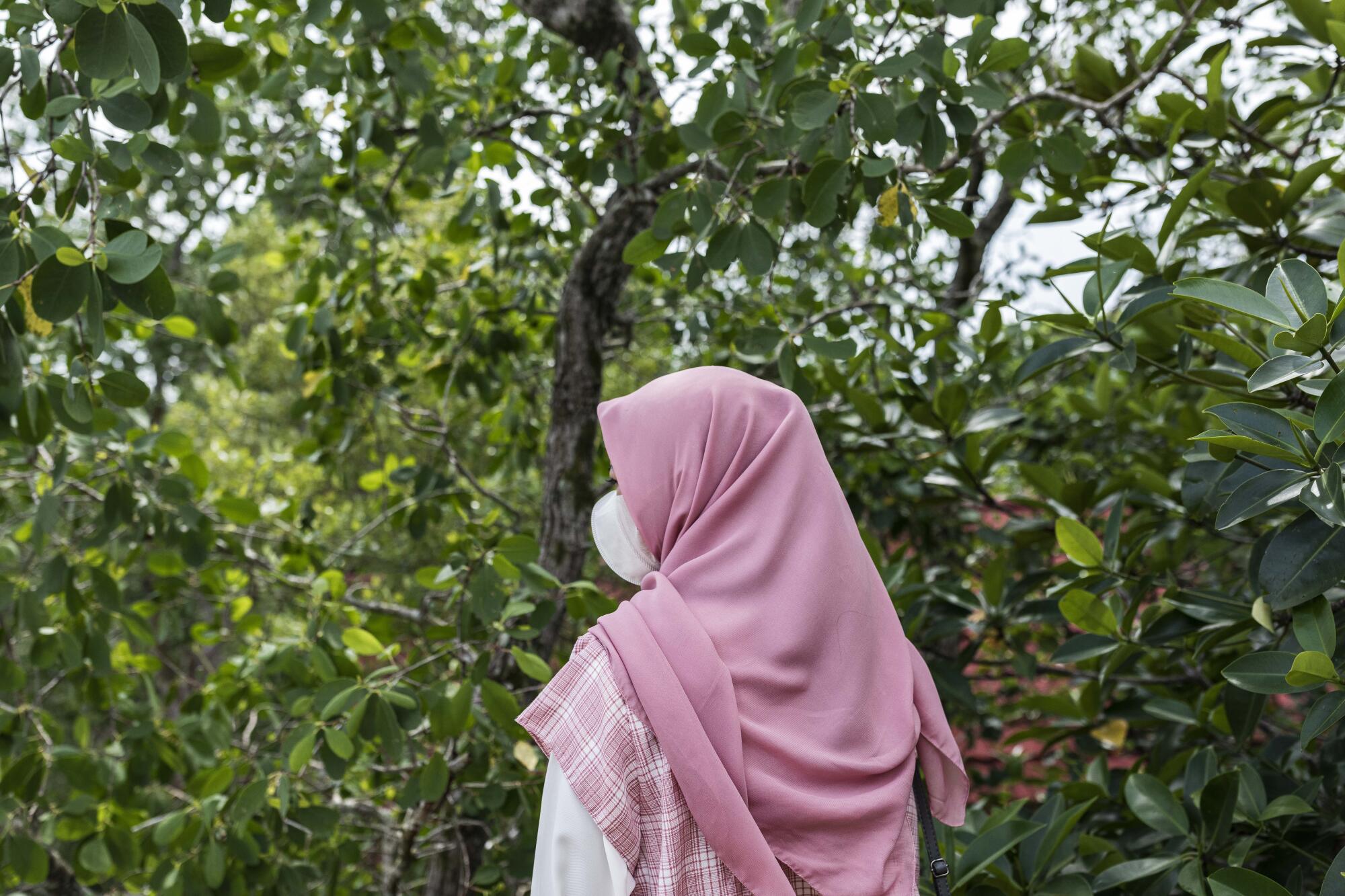 A woman in a pink head scarf stands among trees 