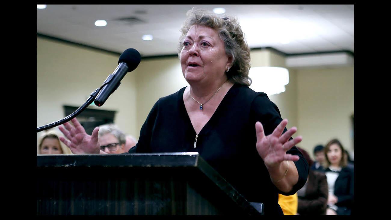 Acton Town Council treasurer Pam Wolter speaks emotionally during comment time at the California High-Speed Rail Authority board meeting, at the Holiday Inn in Burbank on Thursday, Nov. 15, 2018.