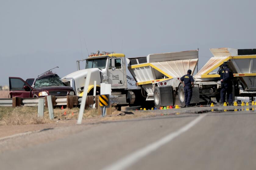 Holtville, CA - January 20: A collision between a Truck and an SUV carrying more than two dozen people near the U.S.-Mexico border Tuesday morning has left 13 dead and several others injured on Tuesday, Mar. 02, 2021 in Holtville, CA. (Gina Ferazzi / Los Angeles Times)