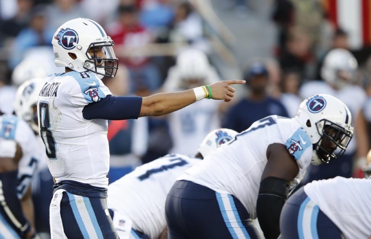 Tennessee Titans quarterback Marcus Mariota calls out the signals before the snap during a game against the San Francisco 49ers on Dec. 17.