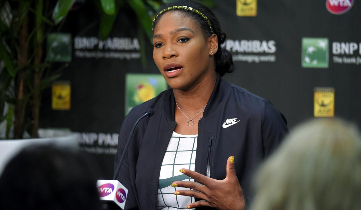 Serena Williams addresses reporters during a news conference at the BNP Paribas Open on Thursday in Indian Wells.