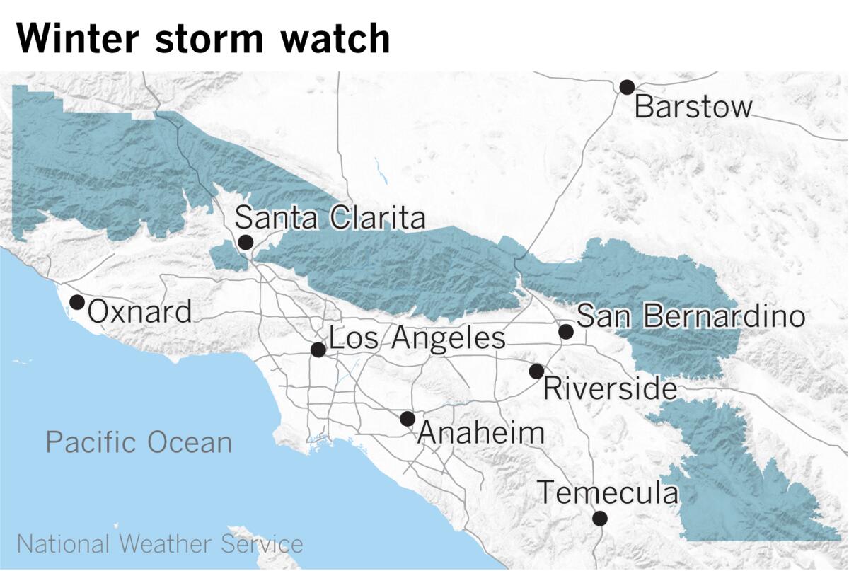 Map showing winter storm watch areas in Southern California mountains