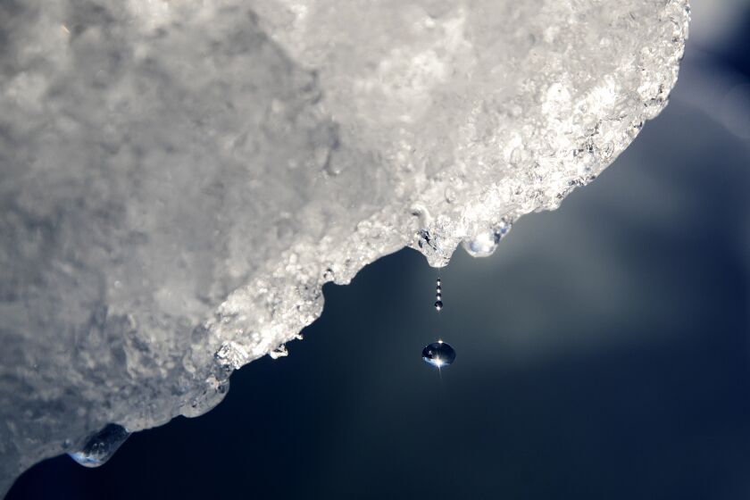 FILE - A drop of water falls off an iceberg melting in the Nuup Kangerlua Fjord near Nuuk in southwestern Greenland, Tuesday, Aug. 1, 2017. Earth’s poles are undergoing simultaneous freakish extreme heat with parts of Antarctica more than 70 degrees (40 degrees Celsius) warmer than average and areas of the Arctic more than 50 degrees (30 degrees Celsius) warmer than average. (AP Photo/David Goldman, File)