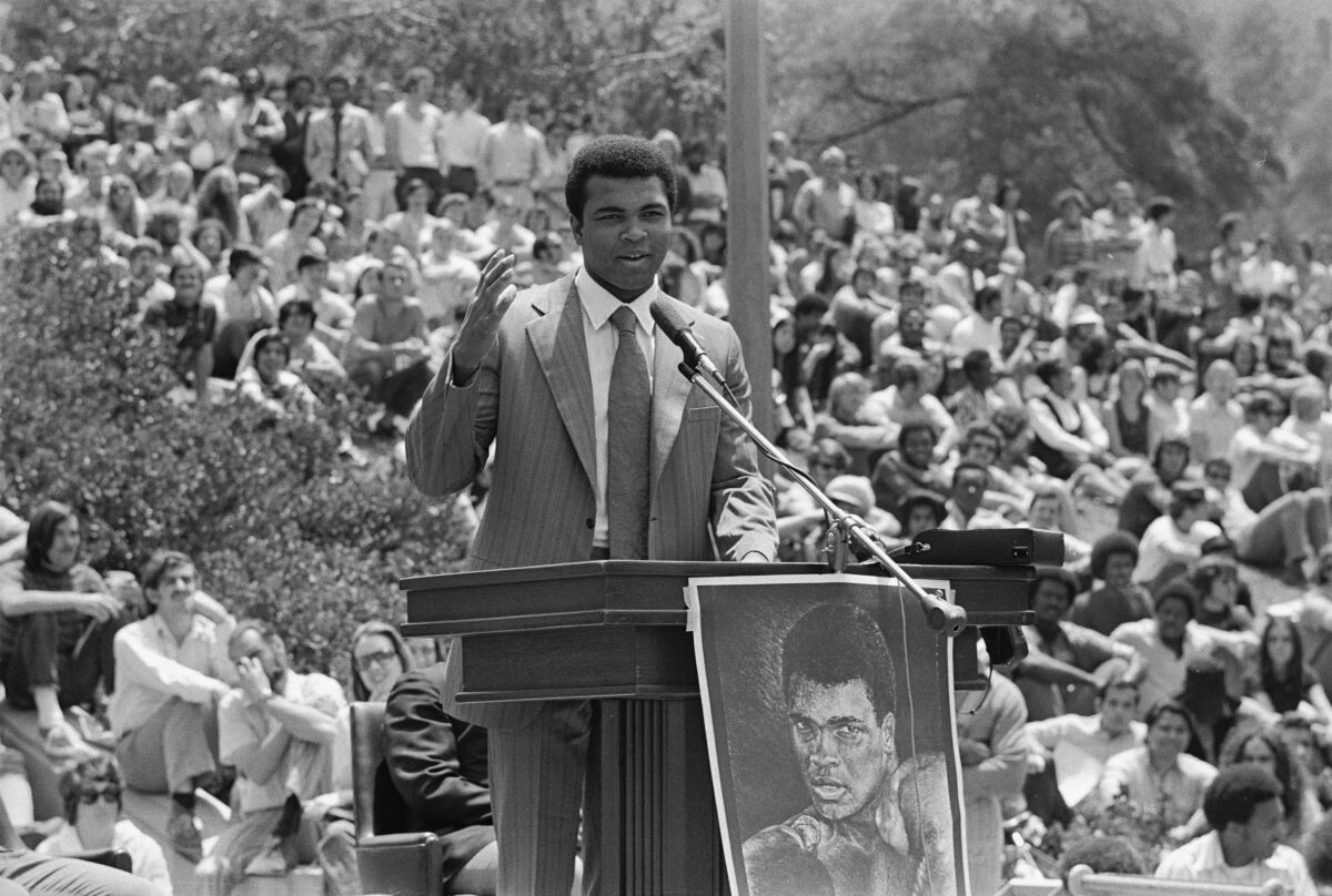 Muhammad Ali speaks at UCLA in 1971.