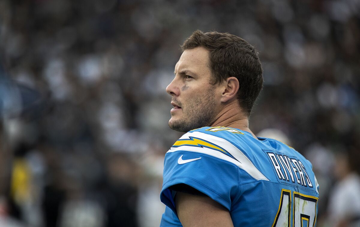 Los Angeles Chargers quarterback Philip Rivers on the sideline at Dignity Health Sports Park in Carson on Sunday.