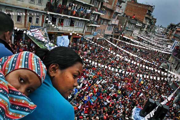 Nepal's Maoist party rallies in the town of Kirtipur on Tuesday outside the capital of Katmandu before national elections. Voters went to the polls Thursday to elect a constituent assembly, and authorities began tallying votes Friday in the country's first election in nine years.