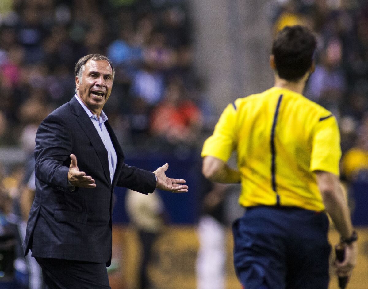 Galaxy Coach Bruce Arena reacts to a call in the second half of a game against the Montreal Impact on Sept. 12.